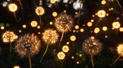 An enchanted moment captured as dandelion seeds drift through the air, glowing like fireworks, symbolizing the ephemeral beauty of life