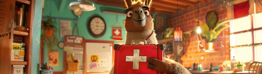 Animated llama with first aid box, ready for action, confident smile, lively setting, colorful attire