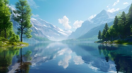 AI generated illustration of a beautiful mountain reflection on a lake