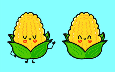Corn character. Vector hand drawn cartoon kawaii character illustration icon. Isolated on blue background. Corn character concept