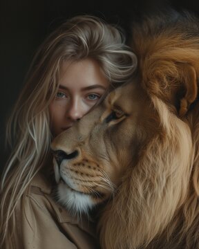 AI generated illustration of a yoman standing with a lion
