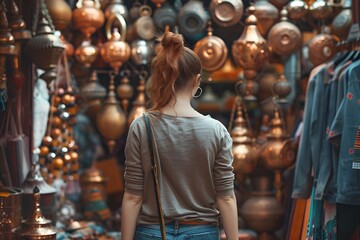 the back end of a girl walking through a market filled with copper pots - obrazy, fototapety, plakaty