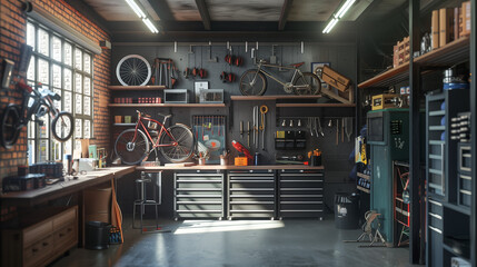 bike workshop, modern, well-organised , no windows - obrazy, fototapety, plakaty