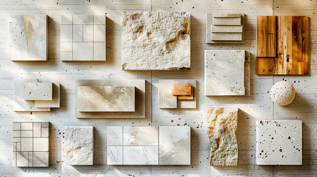 Variety of tile and stone samples displayed on a wooden board for interior design materials selection.