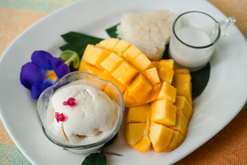 Mango sticky rice: Sweet sticky rice served with fresh mango and coconut milk.Southeast...