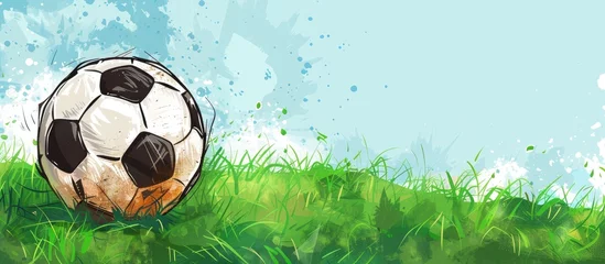 Deurstickers The soccer ball rests peacefully on the lush green grass field, surrounded by happy people in nature. The sky above complements the natural landscape, making it perfect for playing football © AkuAku