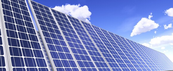 Solar panels against a blue sky with clouds, alternative green energy, 3D rendering