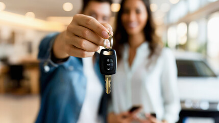 Man holding car keys in a dealership with a happy woman in the background, likely after a vehicle purchase.