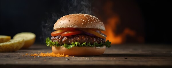 fresh prime chick patty angus or wagyu beef burger sandwich with flying ingredients and spices hot ready to serve and eat food commercial advertisement menu banner, The Evolution of Burger Culture: Fr - obrazy, fototapety, plakaty