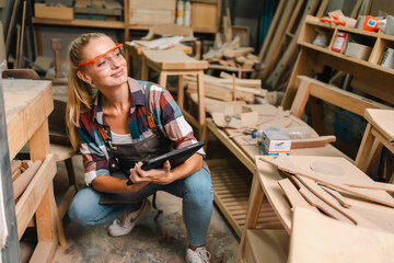 In a bustling carpenter's shop, a young woman craftsman expertly navigates her workshop, merging...