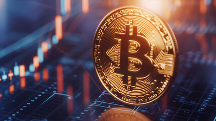Golden Bitcoin Coin on Glowing Stock Market Background