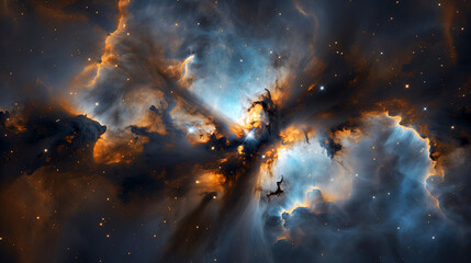 Inter stellar winds pulling super hot gas clouds apart with an reflective blue nebulosity in the background