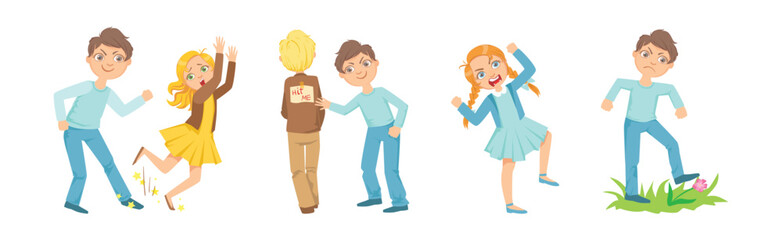 Aggressive Kid Hooligan Bullying Weak Have Bad Behavior Vector Set