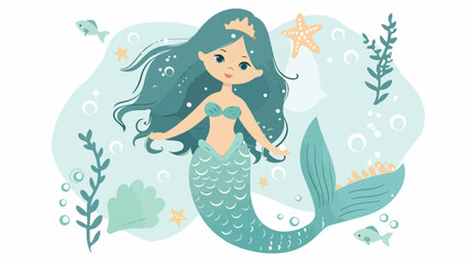Cute mermaid on white isolated background Flat vector