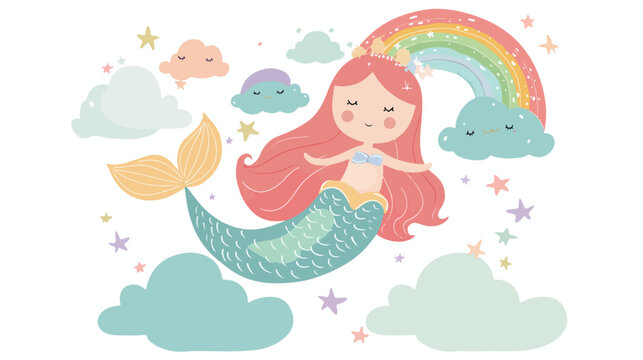 Cute mermaid with rainbow in clouds Flat vector isolated