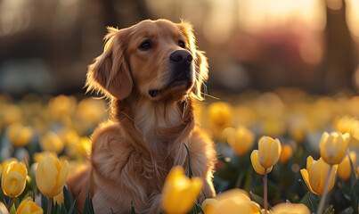 cute dog in flowers, Generative AI 