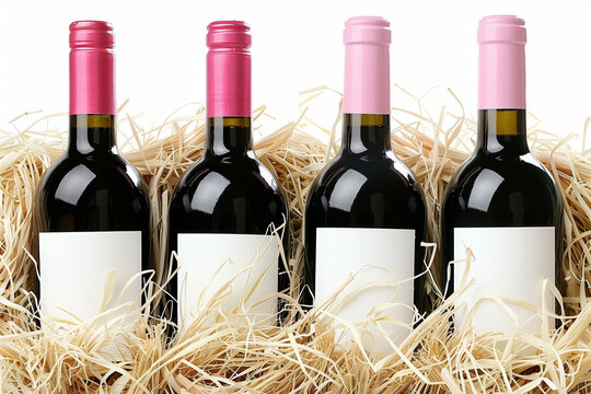 Four bottles of wine with pink caps are sitting on a bed of straw - Powered by Adobe