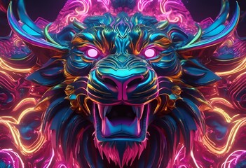 AI generated illustration of neon lion head with luminous eyes in an artistic display
