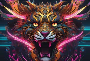 AI generated illustration of a vibrant tiger artwork with luminescent glow and vivid orange eyes