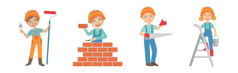 Little Kid Builder Character Wearing Hard Hat with Construction Tool Executing Work Vector Set