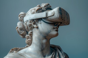 AI generated illustration of a marble statue wearing VR glasses