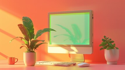 Modern Home Office Setup with Plants and Warm Lighting