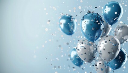 Happy birthday background with blue and silver balloons and confetti on a sky blue background