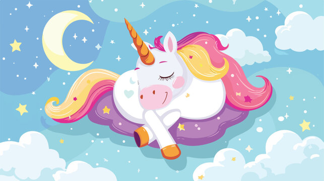 Cute unicorn napping under blanket on sky cloud. Hand
