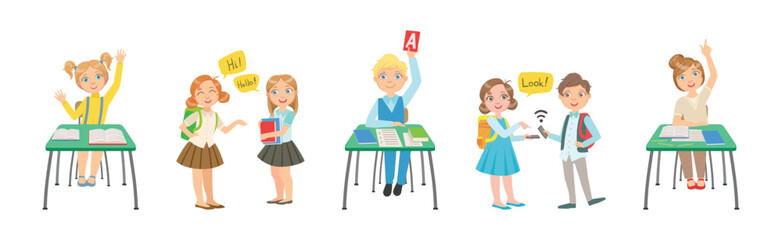 Kid Pupil Character at School Lesson Having Primary Education Vector Set