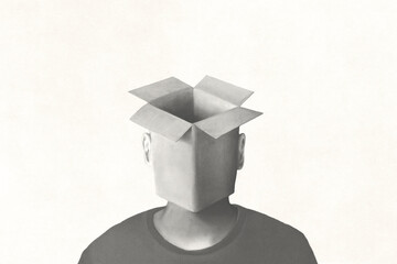 Illustration of portrait of surreal man with empty box over his head, abstract concept 