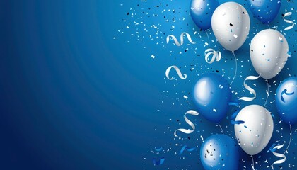 Happy birthday background with blue and silver balloons and confetti on a sky blue background - obrazy, fototapety, plakaty
