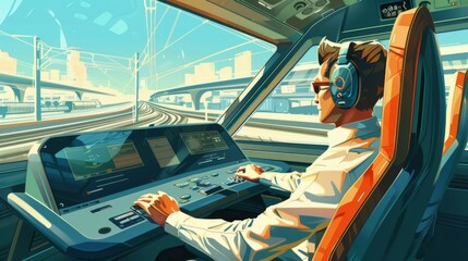 Train Operator at the Controls in a Modern Locomotive