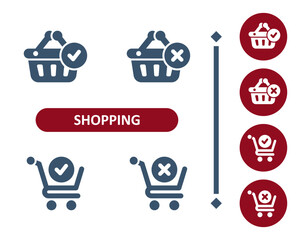 Shopping icons. Shopping basket, shopping cart, basket, cart, button, checkmark, delete icon