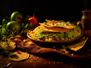 AI generated illustration of a freshly made guacamole with lime on a rustic wooden surface
