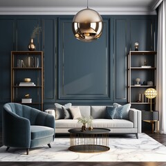 AI generated illustration of a contemporary living room with blue walls and gold furniture
