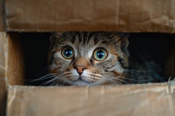 Wide-eyed tabby cat peeking from a cardboard hideout, embodying feline curiosity. - obrazy, fototapety, plakaty
