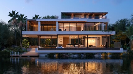 Obraz premium 3d rendering of modern house by the river at morning, house, luxury, villa, modern, architecture, building, exterior, residential, property, designer