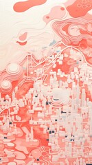 Coral and white pattern with a Coral background map lines sigths and pattern with topography sights in a city backdrop