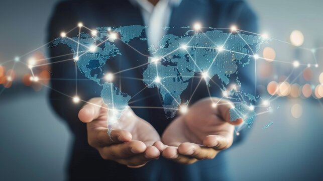 Digital technology, businessman holding Global network connection. Big data analytics and business intelligence. World map point and line composition of global business. innovation