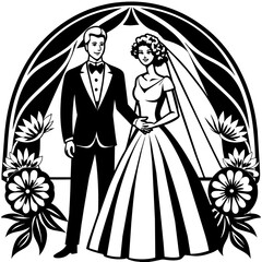 wedding couple silhouette, black couple silhouette vector illustration,icon,svg,bride and groom characters,Holiday t shirt,Hand drawn trendy Vector illustration,wedding  letter  on black background