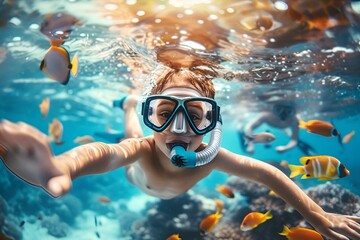 a boy is swimming in the water with colorful fish above him