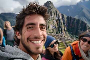 a group of people in a mountain area with mountains behind them