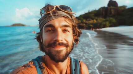 close-up shot of a good-looking male tourist. Enjoy free time outdoors near the sea on the beach. Looking at the camera while relaxing on a clear day Poses for travel selfies smiling happy tropical - obrazy, fototapety, plakaty