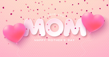 Happy Mother's Day Banner or Postcard with Hearts and Cut Out Mom Text Label on Pink Background. Vector Mommy Celebration Design with Symbol of Love for Greeting Card, Flyer, Invitation, Brochure