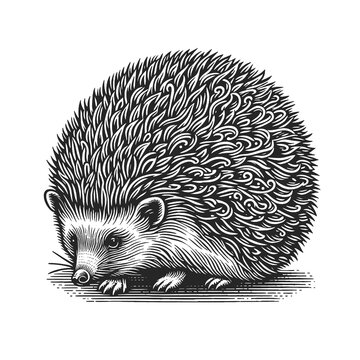 hedgehog, showcasing its detailed spines and curious expression sketch engraving generative ai raster illustration. Scratch board imitation. Black and white image.