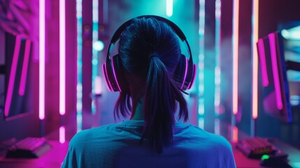 pro gamer man in headphones live streaming while playing online computer game, neon lights, esports,  gaming, monitor, play, young, player, internet, enjoyment, cyber,. - obrazy, fototapety, plakaty