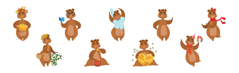 Funny Brown Bear Animal Forest Character Engaged in Different Activity Vector Set