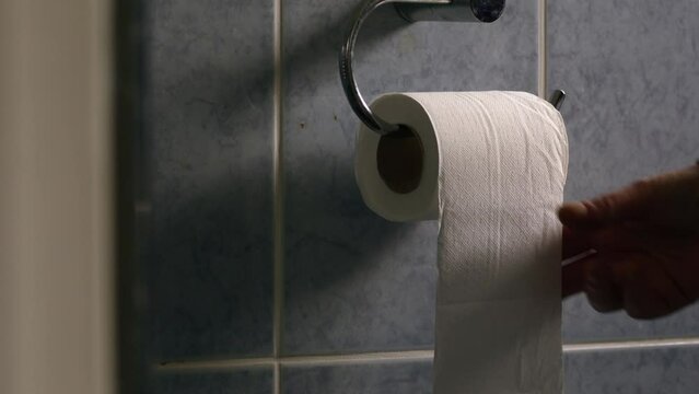 Hand getting toilet loo roll in bathroom 
