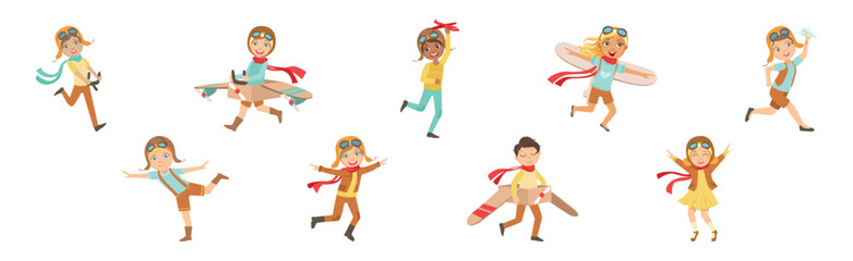 Cheerful Kids Playing Pilot with Plane and Wings Vector Set