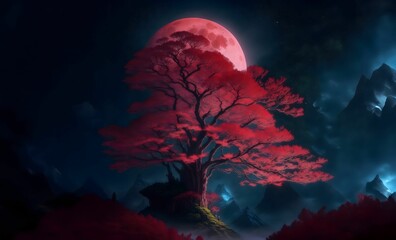 Obraz na płótnie Canvas AI generated illustration of a red tree illuminated in the darkness of night against a full moon